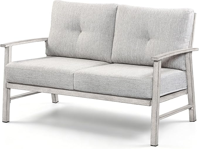 Patio Furniture Loveseat Sofa, Outdoor Aluminum Patio Couch with 5.9'' Soft Cushion, All-Weather 2 Seats Outdoor Furniture Sofa Couch for Garden, Poolside, Lawn, White Oak