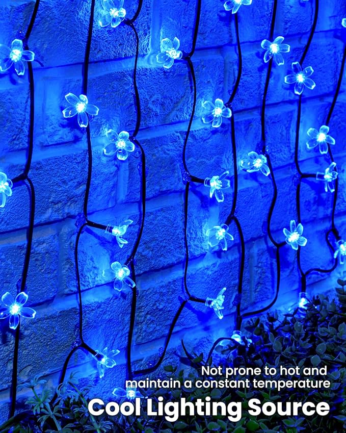 Brightown 60 LED Solar Flower String Lights for Outside Waterproof Fairy Lights for Garden Yard Fence Patio Christmas Tree Wedding Party Decor, Blue