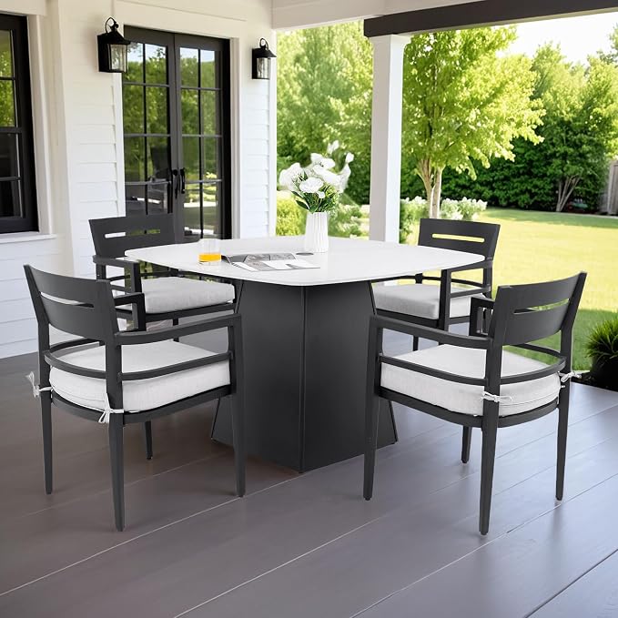 5-Piece Outdoor Patio Dining Table Set, Modern Faux Marble Stone Dining Table with 4 Sunbrella Chairs, Aluminum Frame and Umbrella Hole, Durable & Weather/Heat-Resistant