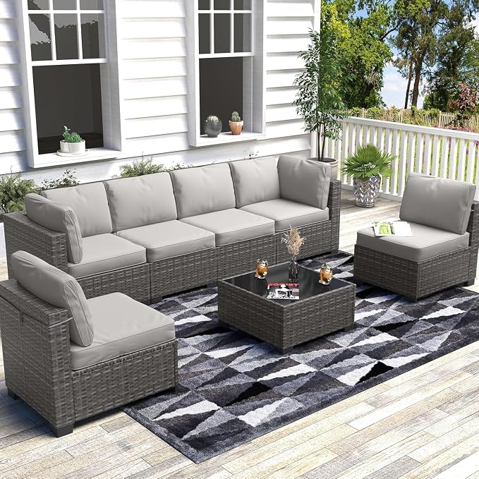 7 Piece Patio Furniture Set, Outdoor Modular Wicker Sectional Couch with Tempered Glass Coffee Table, All-Weather Rattan Conversation Set with Washable Cushions for Backyard, Garden, Deck
