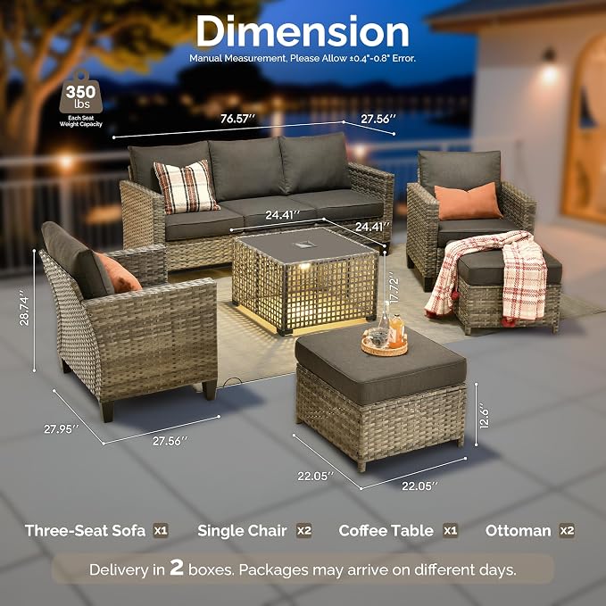 6 Piece Wicker Patio Furniture Set with Solar Table, Black | Outdoor Deep Seating Sofa Chair Ottoman, Solar Lights Table, All Weather Rattan, Modern Conversation Set, Porch Deck Backyard