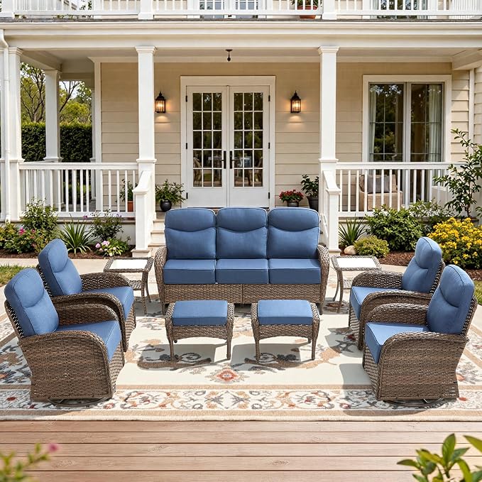 9-Piece Luxury Patio Furniture Set with 6-Inch Thick Cushions, High-Back Outdoor 4 Swivel Rocking Chairs with Wicker Side Table, All-Weather Conversation Set for Porch, Deck, Yard or Poolside – Blue
