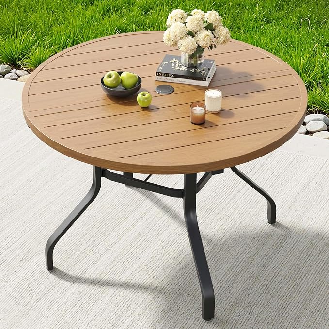 HRVEOCEI 47" Outdoor Round Table with Umbrella Hole, Metal Patio Dining Tables for Lawn Garden, Wood-Like Grain Bistro Table Outdoor for Backyard,Poolside,Deck,Por (Natural, Round)