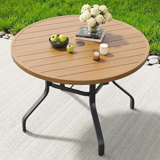 HRVEOCEI 47" Outdoor Round Table with Umbrella Hole, Metal Patio Dining Tables for Lawn Garden, Wood-Like Grain Bistro Table Outdoor for Backyard,Poolside,Deck,Por (Natural, Round)