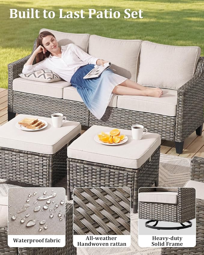 Outdoor Furniture Set of 5, Patio Chairs with Luxury 4" Cushion, Wicker Swivel Rocker Patio Chairs, and Side Table, High Back&Deep Seat for Garden Deck Porch Balcony Backyard - Beige