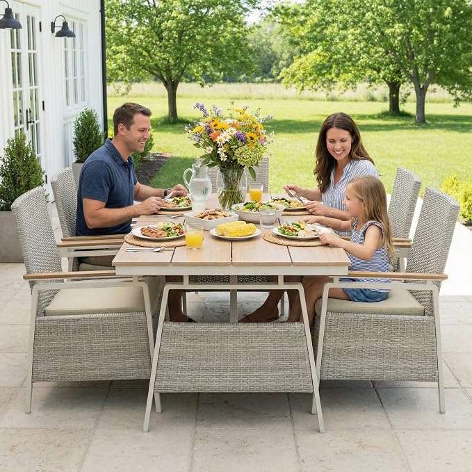 Outdoor Dining Table Set for 4, Rattan Patio Dining Sets with Waterproof Cushions, 5 Piece Patio Table and Chairs Set, Rectangular Dining Table and Patio Chairs for Porch/Deck/Yard, Green