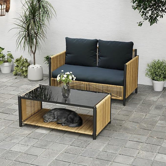 2 Pieces Aluminum Outdoor Patio Furniture Set - Loveseat & Dual-Layer Coffee Table - Rope Sectional Conversation Sofa Sets with Washable Thick Cushion for Garden, Backyard, Porch