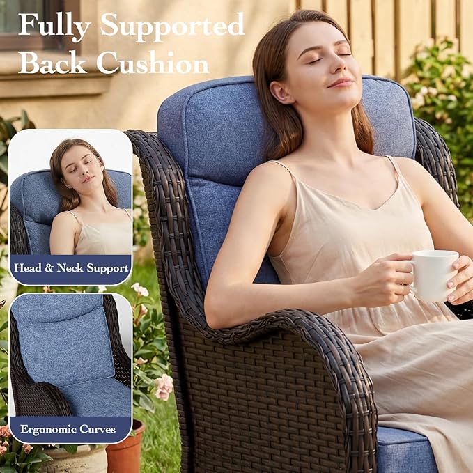 3 Pieces Outdoor Swivel Chairs Set of 2 with Rattan Side Table, Weather-Resistant Wicker High Back Swivel Rocker Chairs, Patio Conversation Set for Outside Porch Deck Garden,Blue