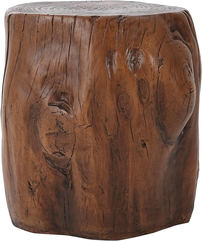 GDFStudio Realistic Tree Stump Side Table, Lightweight Concrete End Table for Indoor & Outdoor, Rustic Wood-Look Stool, Multi-Purpose Plant Stand, Weather-Resistant Accent Table, Dark Brown+Wood