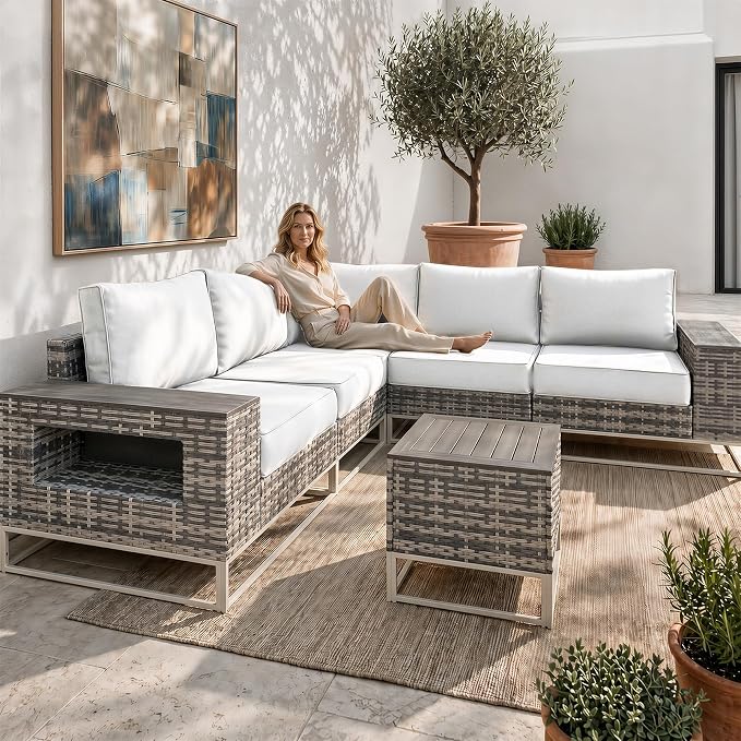 6-Piece Outdoor Patio Furniture Set, Gray PE Wicker Outdoor Sectional Sofa with Storage Armrests & 5.5" Thick Cushions, L-Shaped Couch for Deck, Porch, Backyard, Ivory White