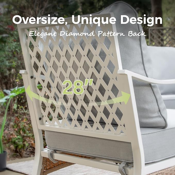 MIXPATIO 5 Piece Patio Furniture Set, 2 x Rocking Chair, 1 x 2-Seat Sofa, 1 x 3-Seat Sofa with Marbling Coffee Table, 7 Seats Outdoor Conversation Set for Lawn Garden Backyard, Light Gray