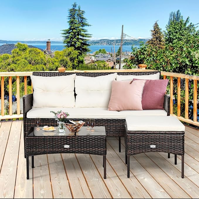 Tangkula 3 Pieces Patio Conversation Set, Outdoor PE Rattan Wicker Furniture Set W/Cozy Cushions, All Weather Sectional Sofa Set W/Tempered Glass Coffee Table for Poolside, Backyard, Garden