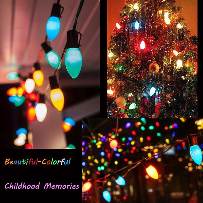 C7 Multicolor Christmas Lights Outdoor, 25Ft Incandescent Christmas Outdoor String Lights with 27 Multicolor Ceramic Bulbs Vintage Christmas Lights for Roofline Patio Xmas Tree Party Garden Decoration