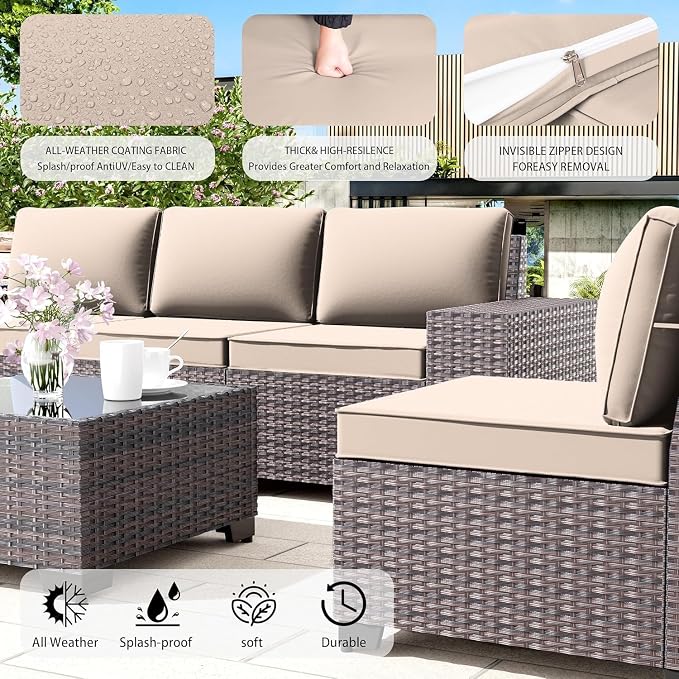 8 PCS Outdoor Patio Furniture Set,Outdoor Sectional Furniture All Weather PE Rattan Wicker Patio Conversation Set with 2 Ottomans and Coffee Table,Sand