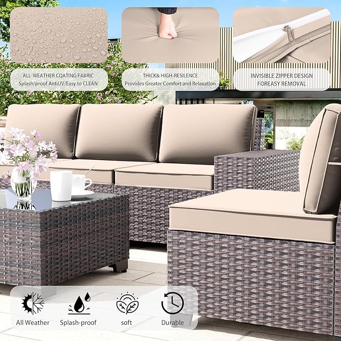10 PCS Outdoor Patio Furniture Set,Outdoor Sectional Furniture with 43" 55000 BTU Gas Propane Fire Pit Table,All Weather PE Rattan Wicker Patio Conversation Set,Swivel Rocking Chairs Set,Sand