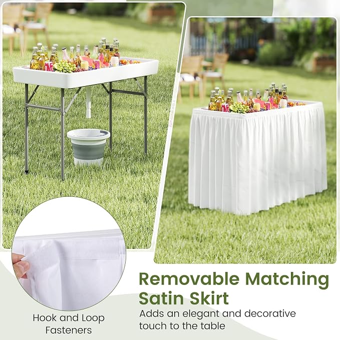KOTEK Folding Ice Cooler Table, 4 FT Portable Ice Table with Drain, Matching Skirt & Foldable Bucket, Buffet Beverage Server for Party, Picnic, Camping