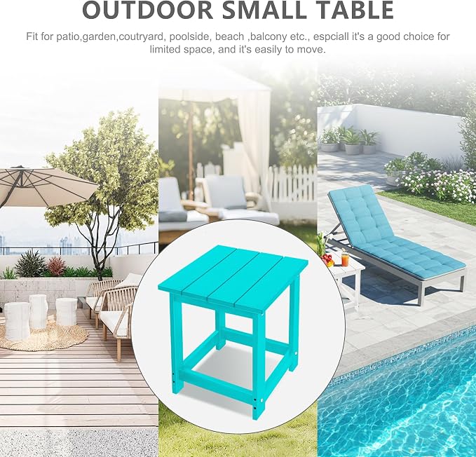 LZRS Patio End Table, Heavy Duty HDPE Outdoor Coffee Table with Wood Texture, Weatherproof Composite Table for Adirondack Chairs, Deck, Pool, Indoor/Outdoor, No Peeling or Cracking(Turquoise)