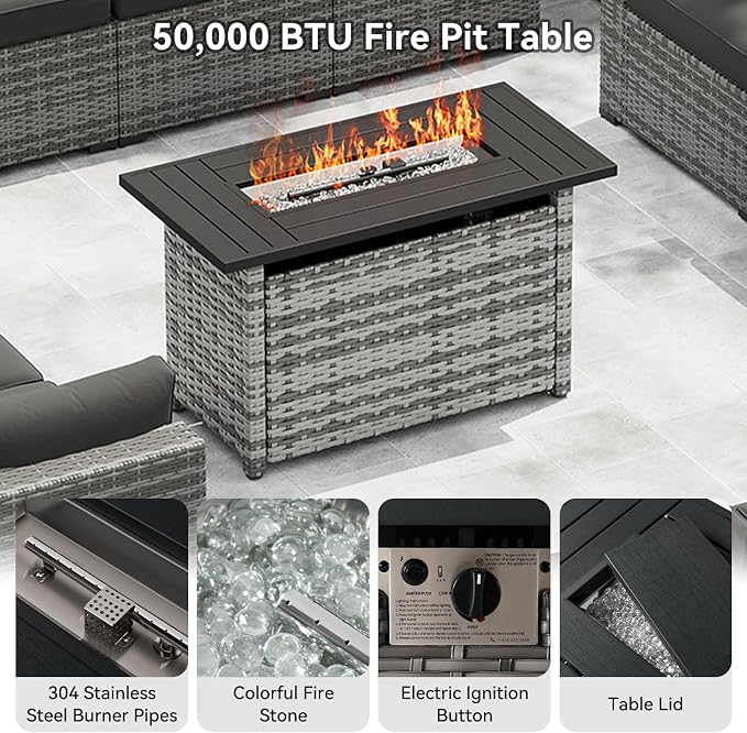 LazySunsets 15-Piece Patio Furniture Set with 44" Fire Pit Table, Wicker Outdoor Furniture, Patio Conversation Sets with Coffee Table, Outdoor Sectional Couch, Black