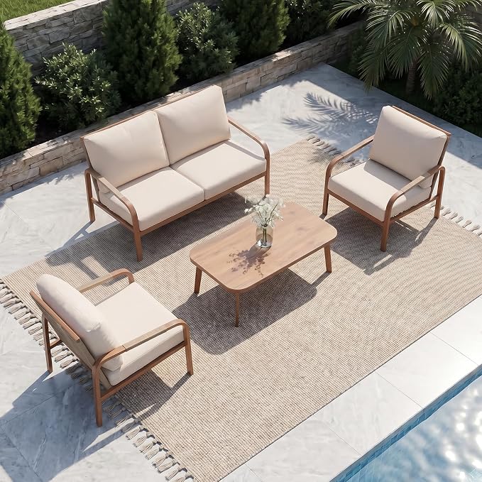 Aluminum Patio Furniture Set Outdoor Sectional Sofa with Cushions and Coffee Table, All-Weather Metal Frame, Ideal for Backyard, Garden, Balcony Beige