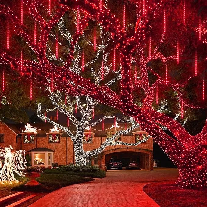 JMEXSUSS Red Solar Christmas Lights Outdoor, 8 Tube 144 LEDs | Solar Meteor Shower Rain Lights, Red Twinkle Light for Tree Eaves Fence Christmas Decorations