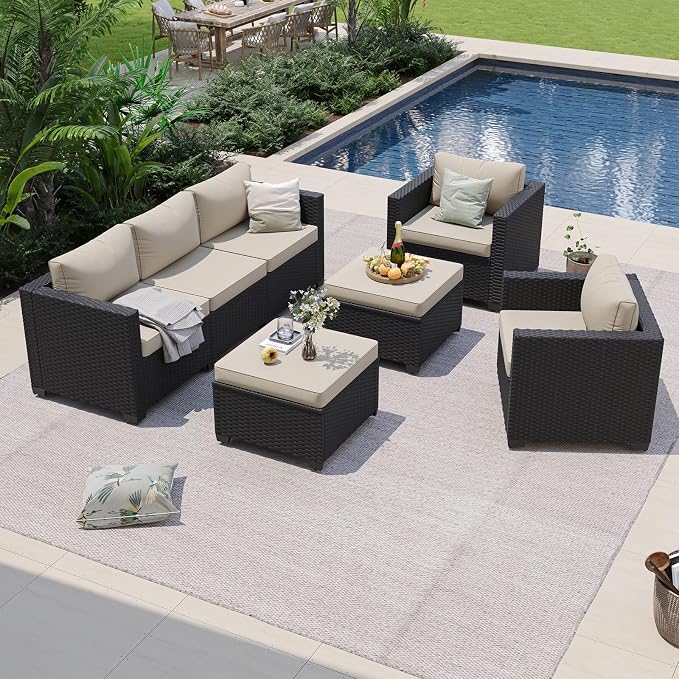 Aoxun Patio Furniture Set, 5 Piece Outdoor Sectional Sofa with Ottomans, Wicker Outdoor Furniture Conversation Sets with Waterproof Cover for Backyard Beige