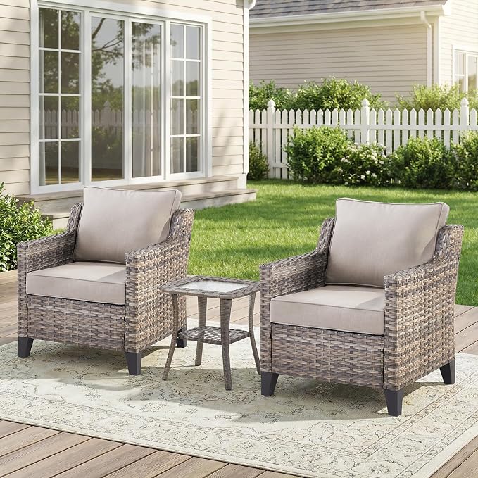 Belord Patio Chairs Set with Side Table, Outdoor Rattan Chairs for Deck Porch Garden, 3 Piece Luxury Patio Furniture Set, Beige