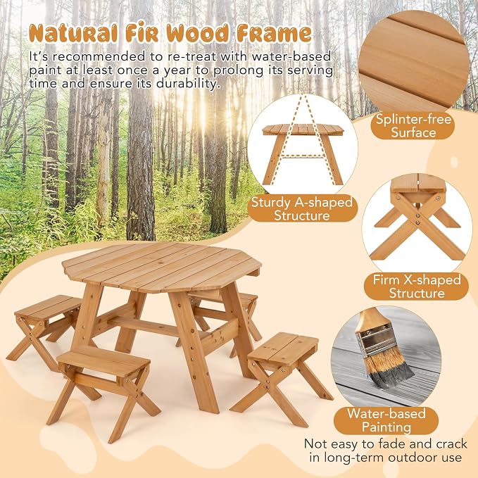 HONEY JOY Kids Picnic Table, Fir Wood Octagon Table & 4 Stool Set, Stripe Fabric Umbrella, Toddler Picnic Table for Outdoors, Children Backyard Furniture for Patio Garden (Natural)