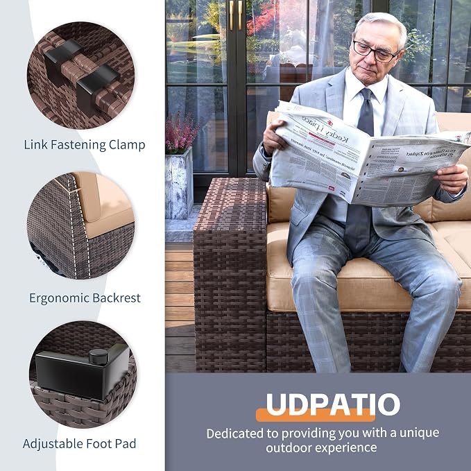 UDPATIO Patio Furniture Set, 8 Inch Armrest Outdoor Sectional Sofa with Wicker Coffee Table, 6 Piece Conversation for Garden, Backyard, Khaki
