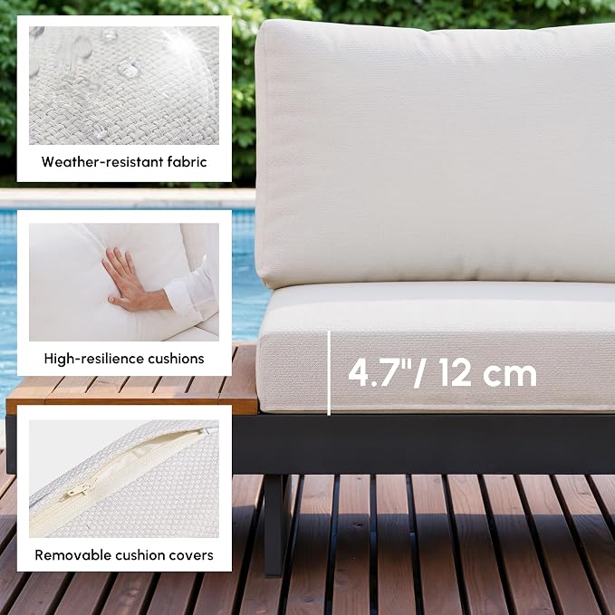 homary 6 Piece Aluminum & Teak Outdoor Sofa Set, Patio Sofa Seat L-Shaped Outdoor Sectional Sofa Set with Adjustable Backrests, Waterproof, Fade Resistant Cushions Ideal for Patios & Balconies,Beige