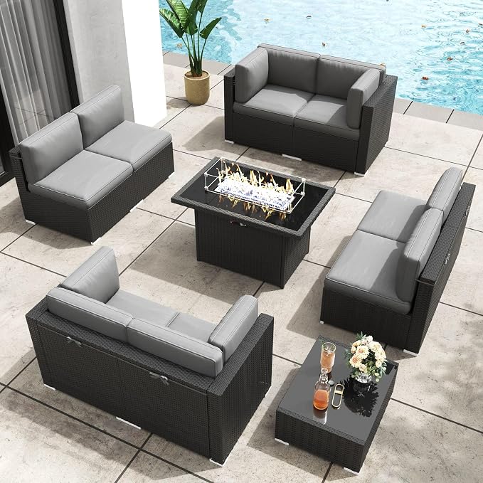 Patio Furniture Set with Fire Pit Table, 10 Pieces Outdoor All-Weather Wicker Conversation Sectional Chair Sofa Set