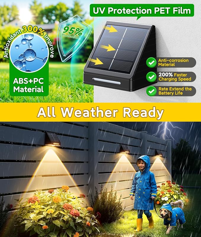 KOOPER Solar Fence Lights Outdoor Waterproof 4 Pack, Solar Fence Lights with Ultra-Bright LED Lens, 10 Modes & 9 Colors Outdoor Solar Lights for Fence, Backyard, Railing, Patio, Wall, Step, Deck