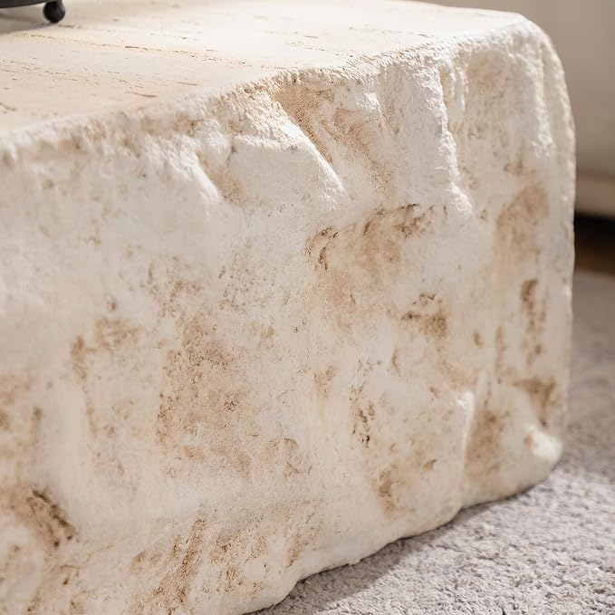 Square Coffee Table for Living Room Outdoor Faux Stone Coffee Table Amber Travertine Concrete Pattern, 35.43" Modern Low Center Tables, No Need Assemble,Beige