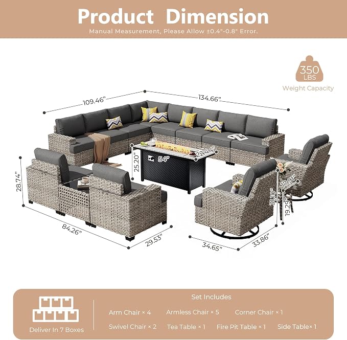 HOOOWOOO Sectional Patio Furniture Set with Fire Pit Table,15 Pieces Wicker Outdoor Furniture L Shaped Couch,Outside Conversation Set Extra Deep Seat Sofa Wide Arm Swivel Chairs Solar Light,Black