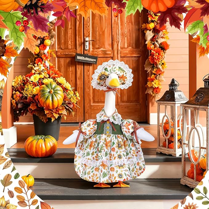 FuWeave Fall Porch Goose Outfit Maple Goose Costume Fancy Porch Geese Clothes with Wide Hat for 23" 17" Outdoor Patio