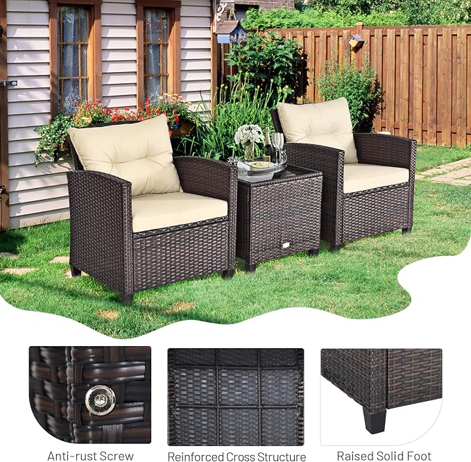 3-Piece Wicker Patio Furniture Set, Outdoor Sofa Set with Water-Resistant Cushion & Tempered Glass Table, Brown