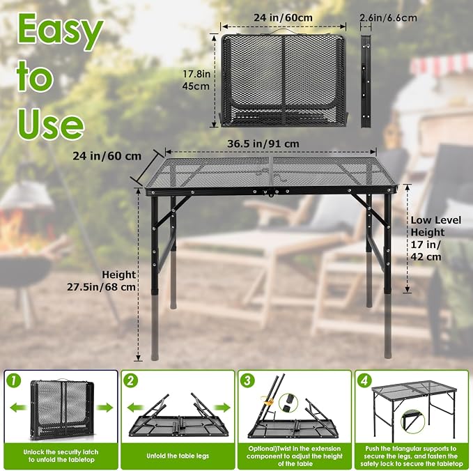 Large Folding Grill Table Portable for Outside Camping 3×2 ft, Oversized Foldable Table 27 Inch Height Adjustable Outdoor for BBQ Barbecue Picnic Lightweight Aluminum Alloy Multipurpose (Mesh Desktop)