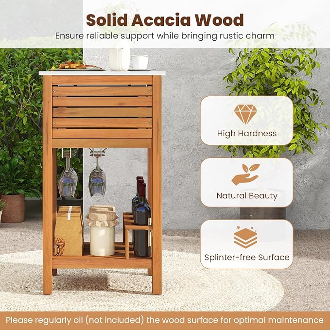 Giantex Acacia Wood Outdoor Side Table, Patio Buffet Cabinet Bar Table with Faux Marble Countertop, 2 Drawers, Glass & Wine Holders, Patio Storage Cabinet for Garden, Backyard