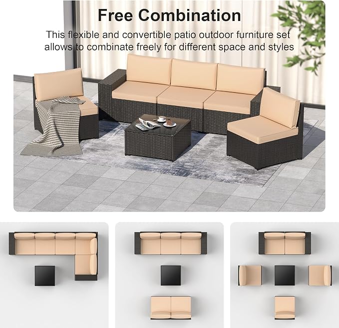 Patio Furniture Set, 6PCS Outdoor Sectional with Ottoman Wicker Rattan Patio Couch with Thickened Cushion Modular Wicker Patio Conversation Set with Glass Top Table for Balcony, Backyard(Kakhi)
