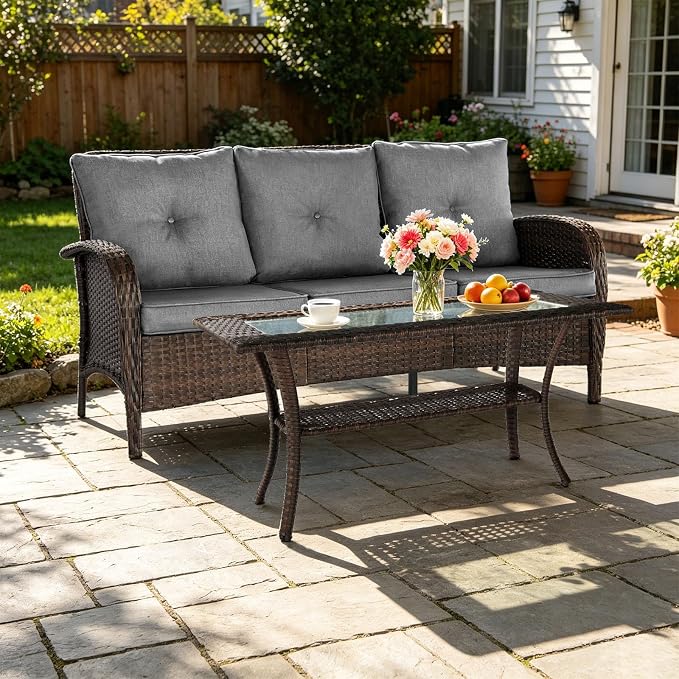 SHGJ&SOFT All Weather Patio Furniture Set, High Back Swivel Rocker Glider Chairs，Ottomans & Glass Tables, Outdoor Conversation Set for Deck Porch Yard Poolside (Grey, 2PCS-Sofa&Table)