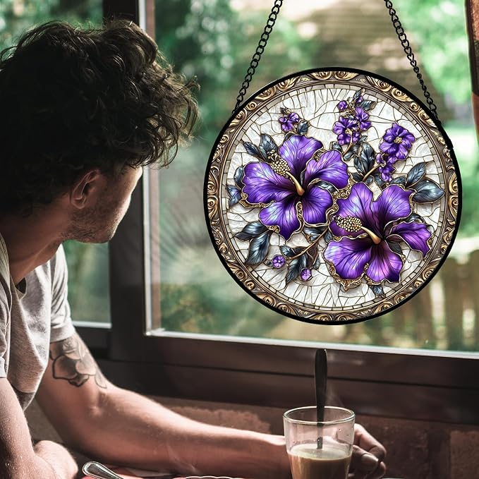 DASTOLL Stained Glass Window Hanging, Purple Flowers Romantic Suncatcher for Doors Home Sun Catchers Decoration and Christmas, Mother's Day Birthday Gifts for Women, Men, and Mom 14.9x14.9 in