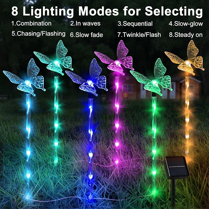 Set of 6 Arcylic Solar Butterfly Lights for Outside, Solar Powered Garden Decorations with 8 Lighting Modes, Outdoor Waterproof Pathway Lights for Yard, Patio Plant Pot, Flower Bed (Butterfly)