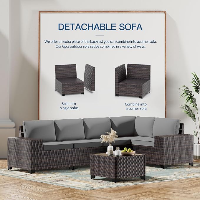 Kullavik 7 Pieces Outdoor Patio Furniture Set with 43" 55000BTU Gas Propane Fire Pit Table PE Wicker Rattan Sectional Sofa Patio Conversation Sets,Grey