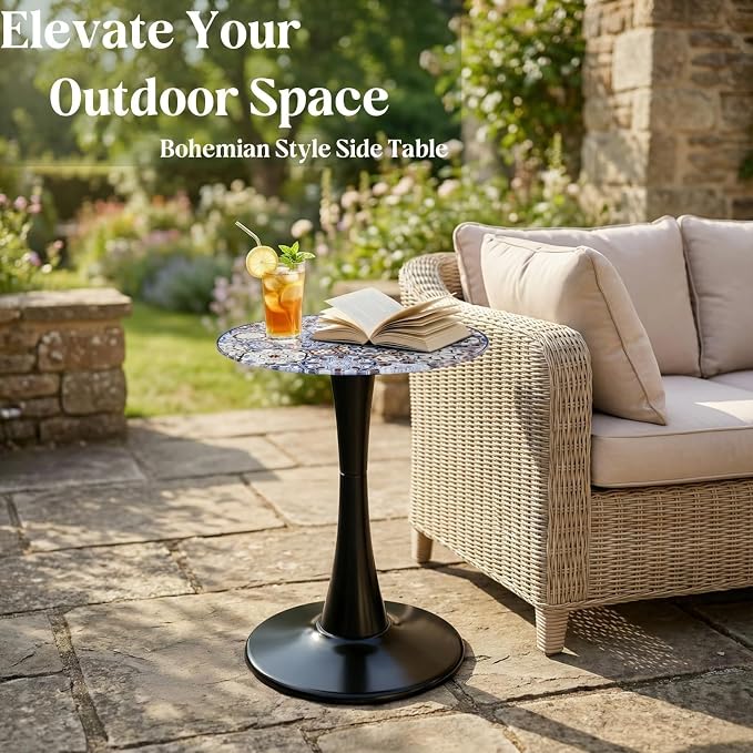 13.4" Outdoor Side Table, Round Patio Bistro Table Printed Tempered Glass Top, Waterproof Rust-Proof Base, Small Plant Stand for Balcony, Garden, Deck, 21.6" H (Bohemia)