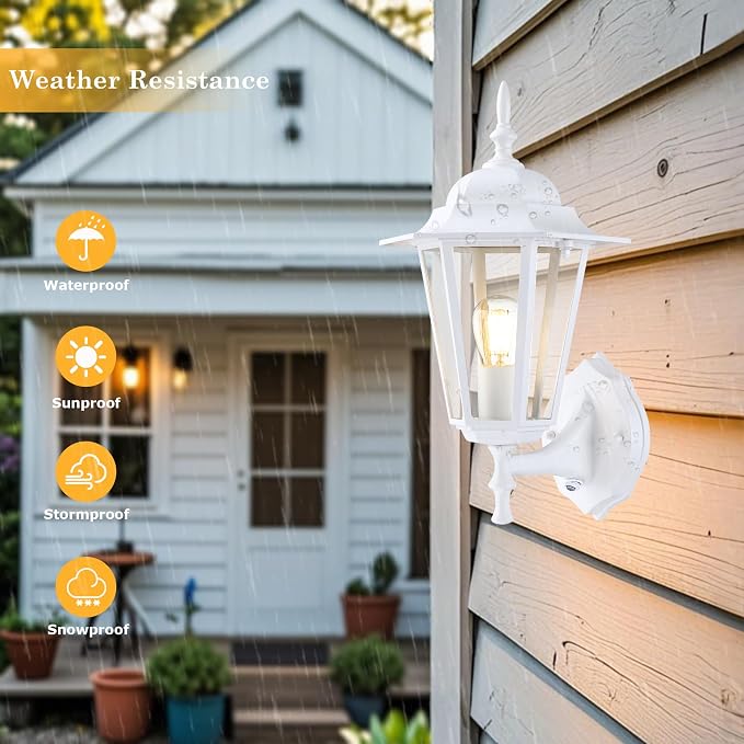 GRUENLICH Outdoor Wall Light Fixture, Rustproof Aluminum, Glass | Dusk to Dawn Exterior Porch Light Wall Sconce Lantern for House, Patio, Garage, Waterproof, E26 Socket 60W Max, White, 2 Pack