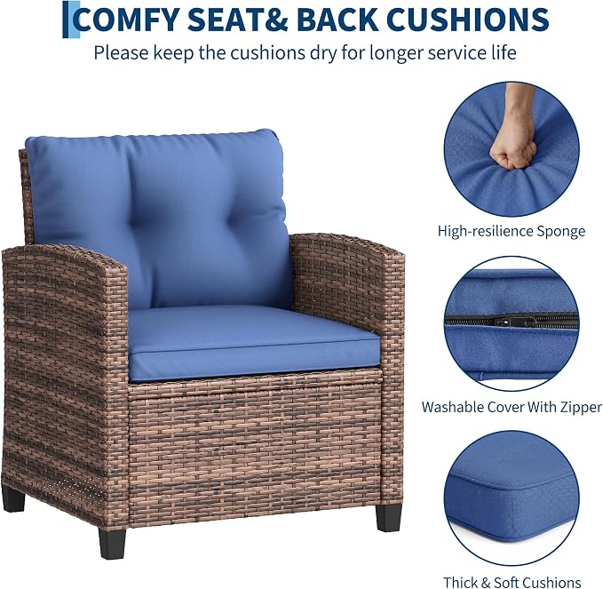 IDEALHOUSE 3-Piece Outdoor Patio Furniture Set, PE Rattan Wicker Conversation Chairs with Tempered Glass Side Table and Removable Cushions, Balcony, Porch & Garden Seating Set, Brown+Navy Cushion