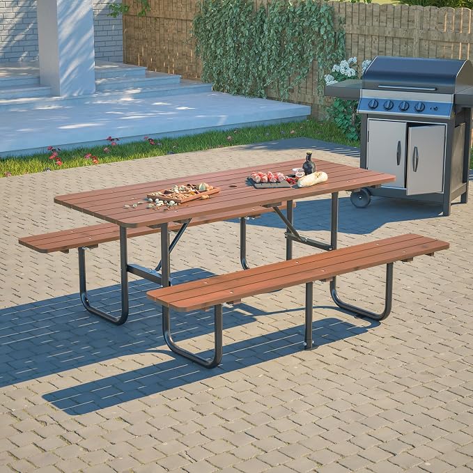 72" Wooden Picnic Table, Picnic Table with Benches, Steel Frame with Umbrella Hole 1.97" for Patio Party Barbecue Party (Brown + Black, 72")
