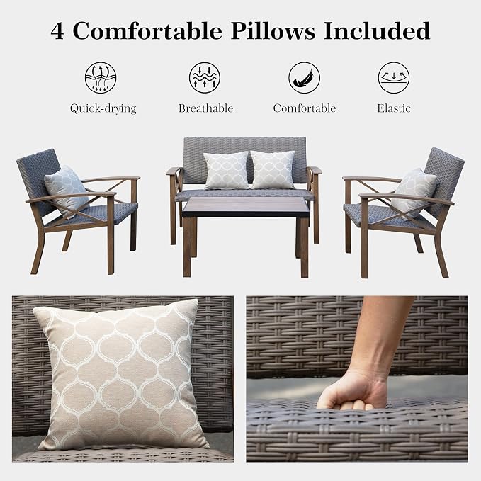 Domi Aluminum Patio Furniture Set, 4-Piece Modern Conversation Set with Cotton Padding Backrests and Seats, Outdoor Sectional Metal Sofa Set with 5.5 Inch Cushion and Coffee Table for Balcony, Garden