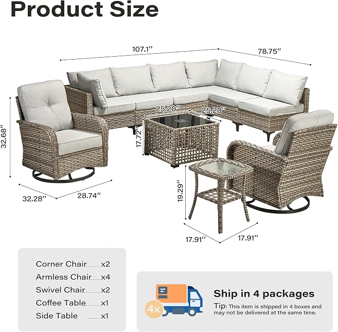 10 Pieces Outdoor Sectional Patio Furniture Set with Swivel Rocking Chairs,Wicker Conversation Sets Rattan L Shaped Couch,Modular Outdoor Sofa for Porch Balcony Backyard Grey