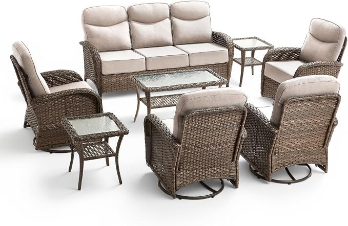 8 Pieces Luxury Outdoor Patio Furniture Set with 6-Inch Thick Cushions, Wicker Outdoor Furniture with High Back Swivel Patio Chairs Set of 4, Patio Conversation Set for Deck Garden Porch, Beige