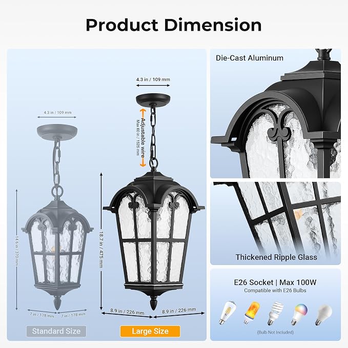 VIANIS 18.7'' Large Outdoor Pendant Lights, Black Hanging Porch Light Fixture, Aluminum Outside Ceiling Lighting for House, Porch, Doorway, Vintage Style, Waterproof and Anti-Rust, 1-Pack